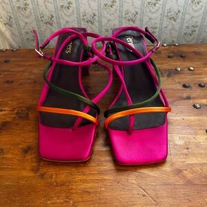 Feners Satin Block Heel Sandal-  Pink/Orange/Green